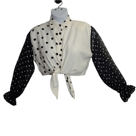 VINTAGE 90s black and white polka dot long sleeve button up tie‎ crop top S - Picture 1 of 8
